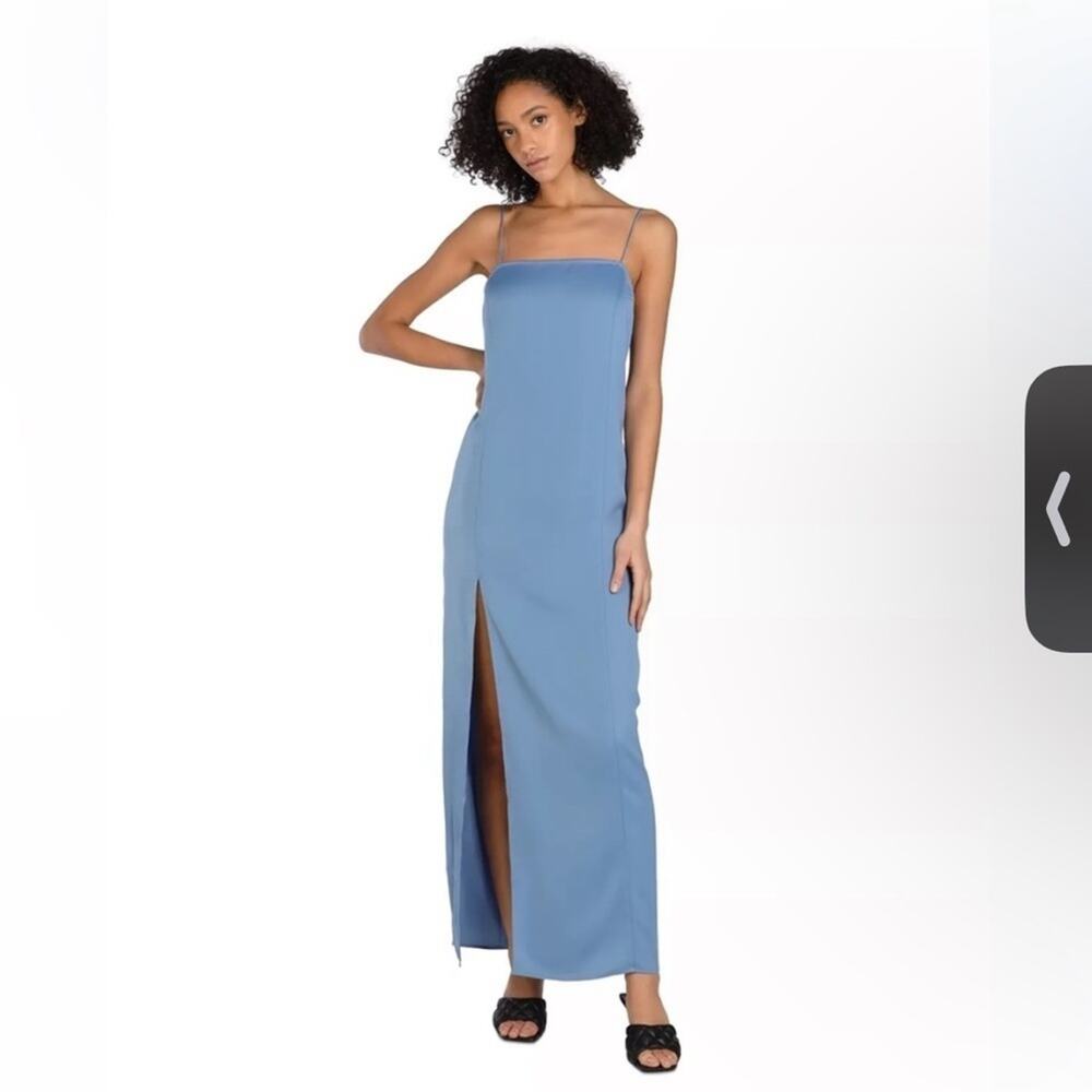 Bar III X Nicole Williams English Blue Satin Maxi Dress Side Slit